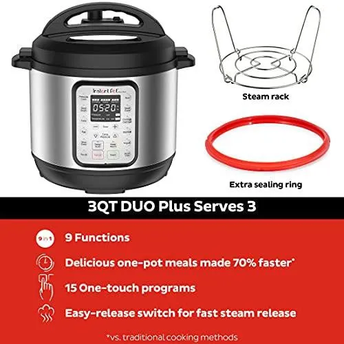 Instant Pot Duo Plus Mini 3 Quart 9-in-1 Electric Pressure Cooker, Slow Cooker, Rice Cooker, Yogurt Maker, Egg Cooker, Sauté, Steamer, Warmer & Sterilizer, 15 One-Touch Programs