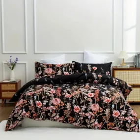 King Size 6 pieces, duvet cover set, black color floral design.