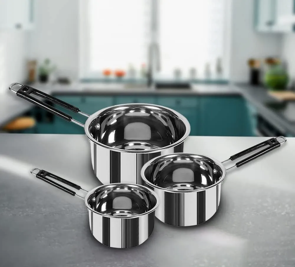 Kuber Industries Set of 3 Stainless Steel Saucepan/Tea Pan|1.1 L, 1.5 L, 2.2 L Capacity|Silicon Handle|Thick Base for Boiling Milk & Tea|Heavy Duty Gauge|Tapeli Patila, Sauce Pot Cookware (Pack of 4)