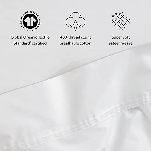 Leesa Sheet Set, 100% Cotton Cooling Sateen with High Thread Count, Twin XL Size, White/ 30-Night Trial