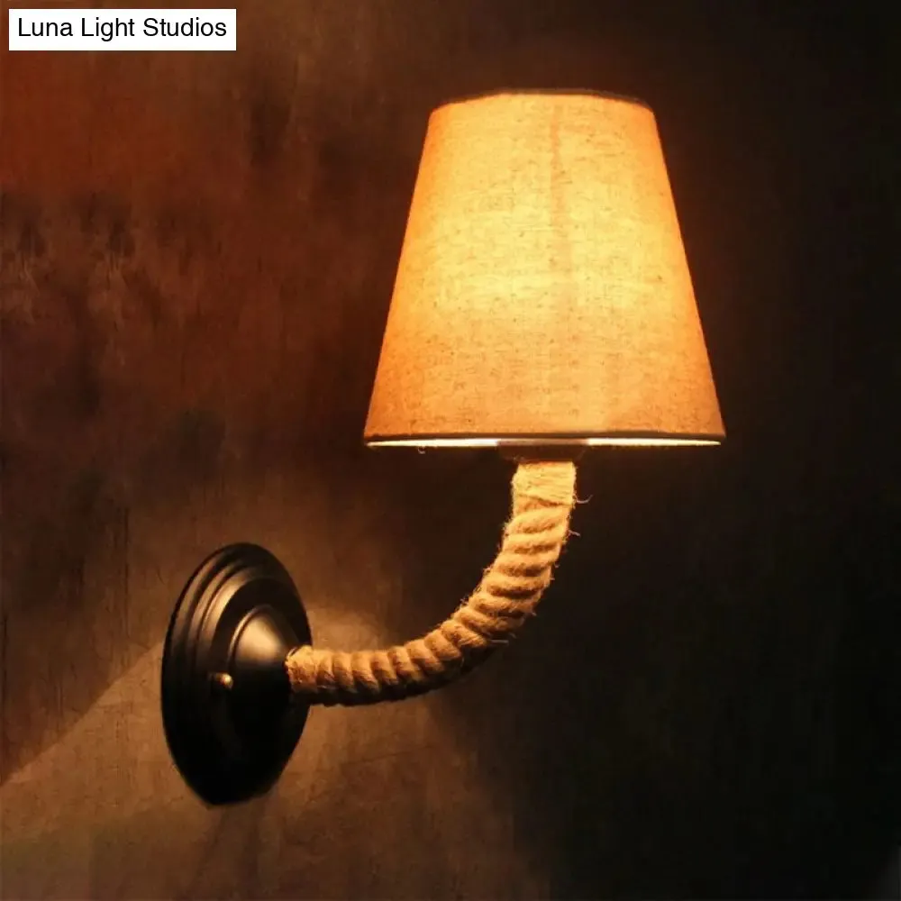 Lodge Style Beige Fabric Wall Sconce with Curved/Angle Arm for Restaurants - 1 Light