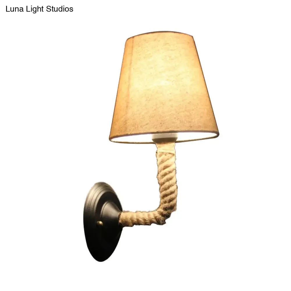 Lodge Style Beige Fabric Wall Sconce with Curved/Angle Arm for Restaurants - 1 Light