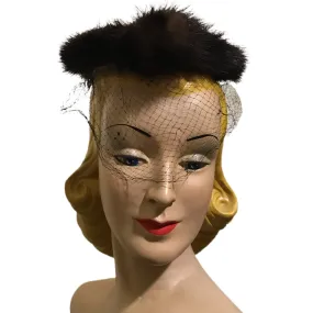 Mink Trimmed Black Veil Halo Hat circa 1960s