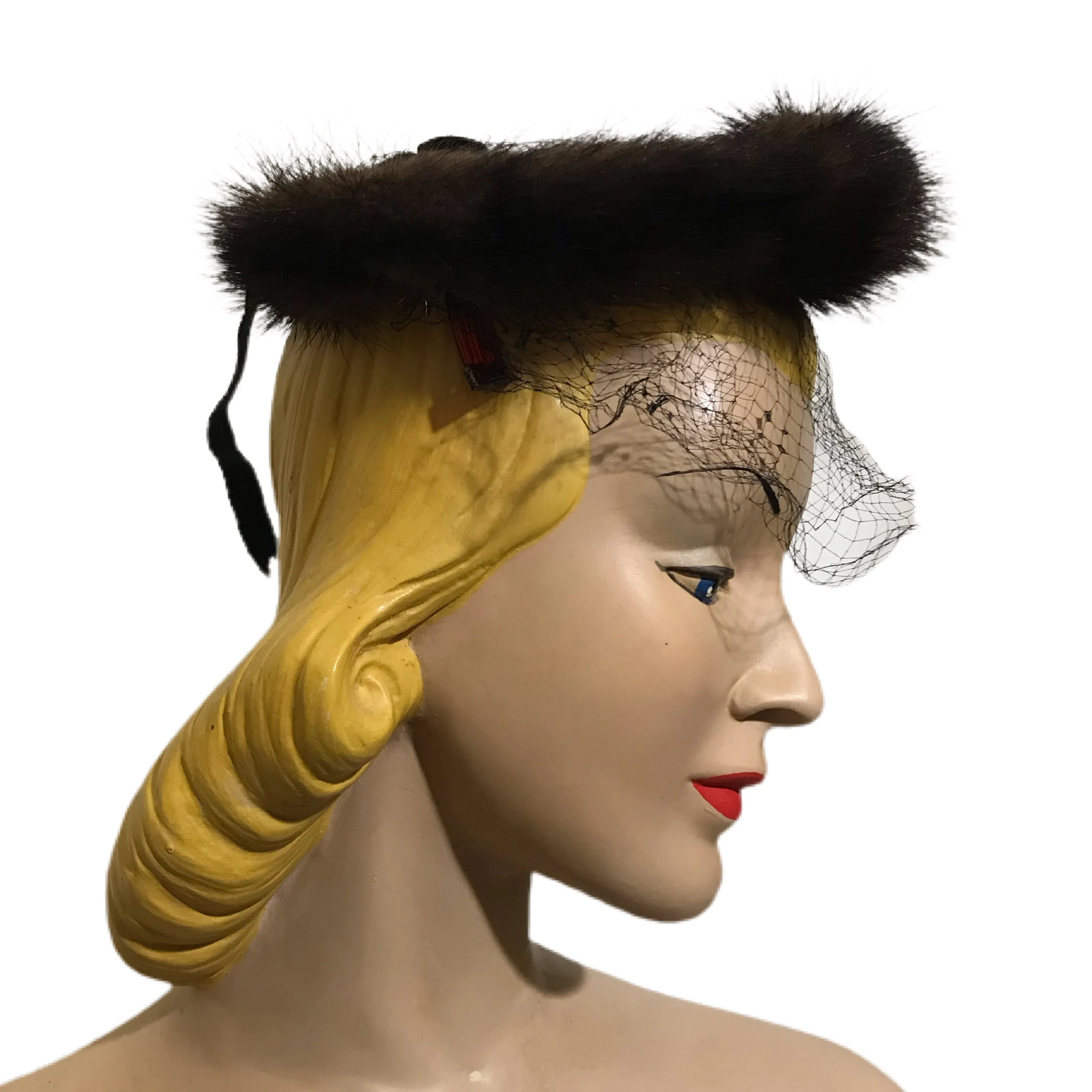 Mink Trimmed Black Veil Halo Hat circa 1960s