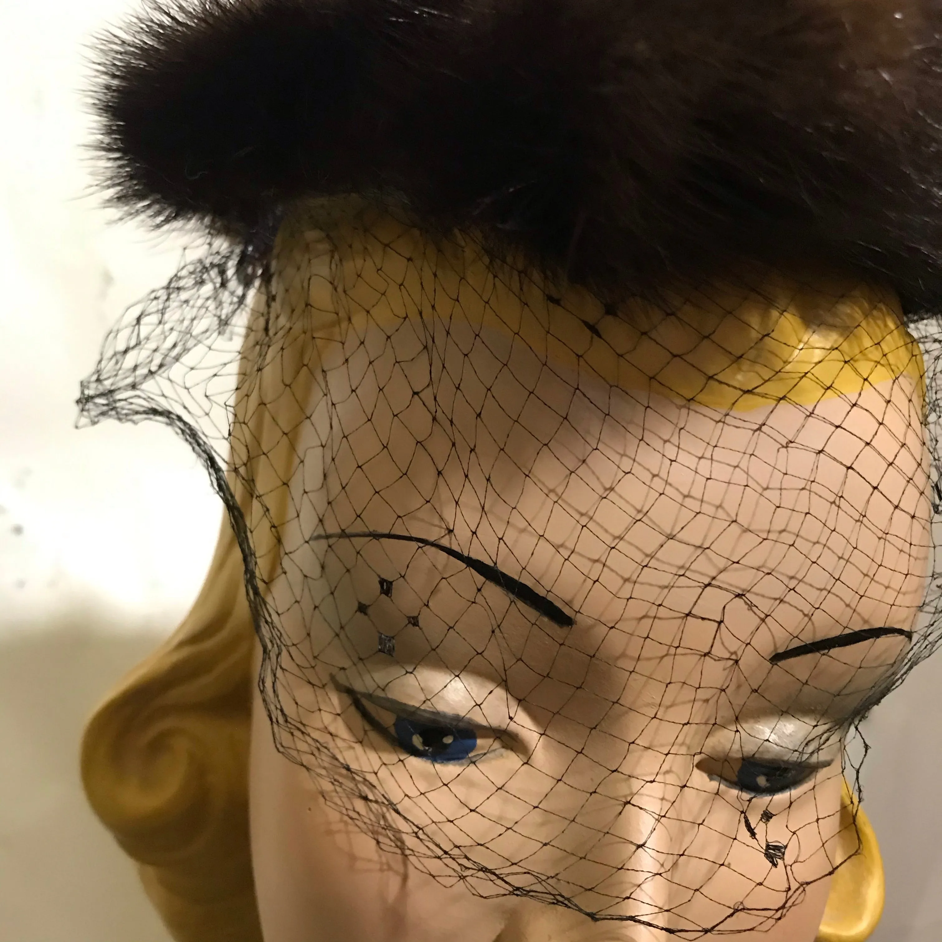 Mink Trimmed Black Veil Halo Hat circa 1960s