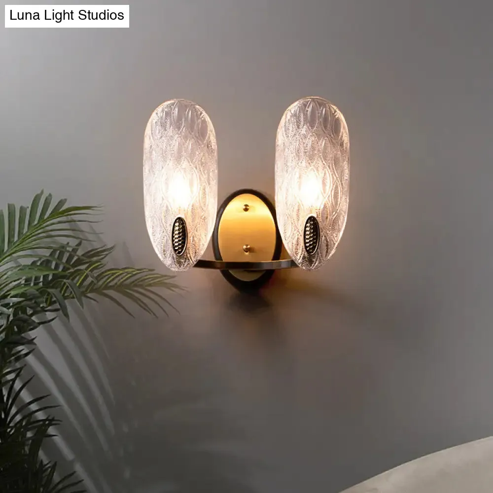 Modern Textured Glass Oval Wall Lamp 1/2-Light Fixture in Black & Gold for Corridor