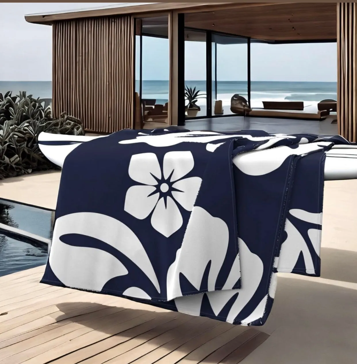 Navy Blue and White Hawaiian Flowers Minky Throw Blanket