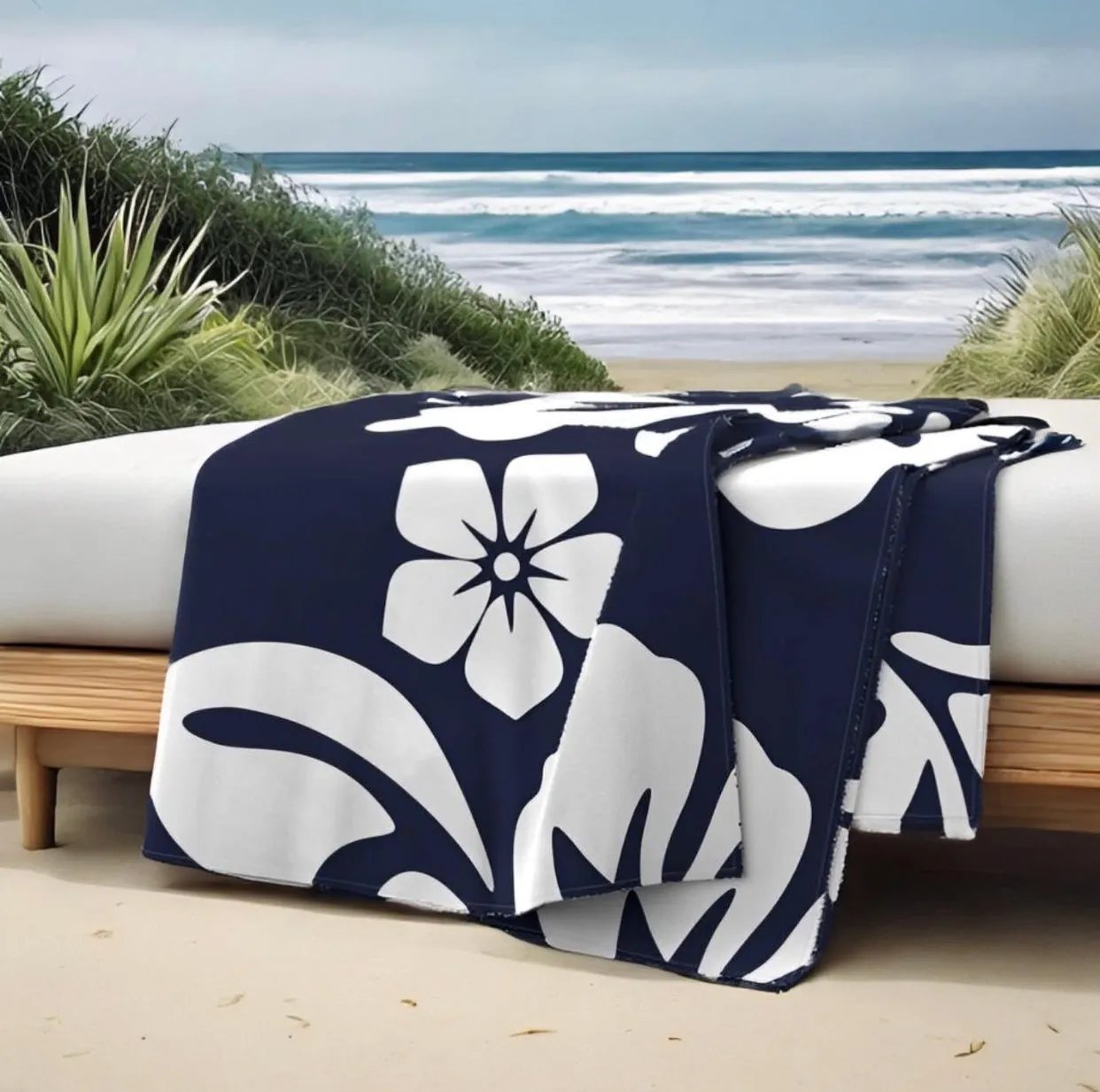 Navy Blue and White Hawaiian Flowers Minky Throw Blanket