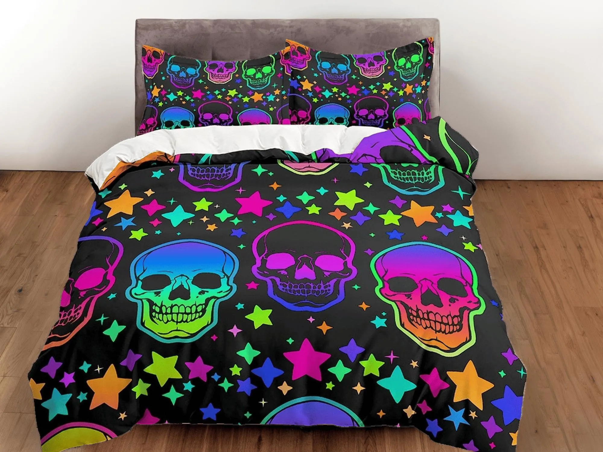 Neon stars and skull halloween bedding & pillowcase, gothic duvet cover, dorm bedding, goth decor toddler bedding, halloween gift