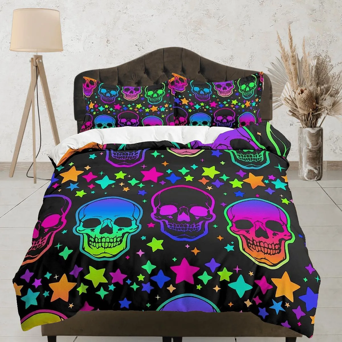 Neon stars and skull halloween bedding & pillowcase, gothic duvet cover, dorm bedding, goth decor toddler bedding, halloween gift