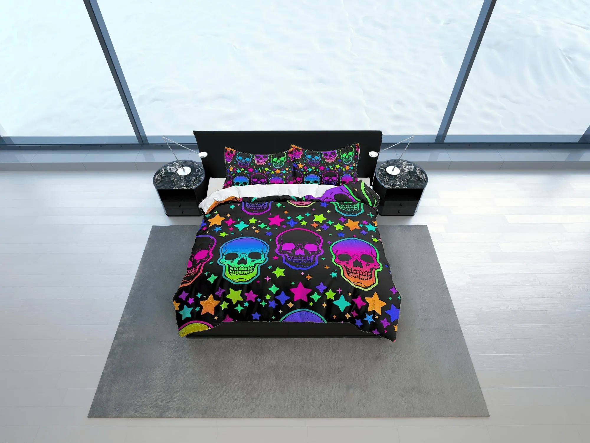 Neon stars and skull halloween bedding & pillowcase, gothic duvet cover, dorm bedding, goth decor toddler bedding, halloween gift