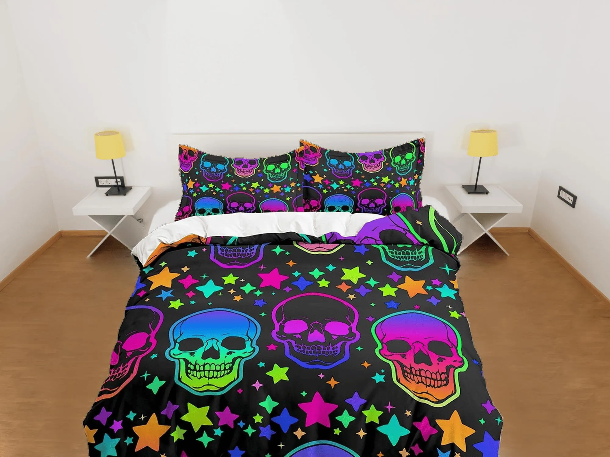 Neon stars and skull halloween bedding & pillowcase, gothic duvet cover, dorm bedding, goth decor toddler bedding, halloween gift