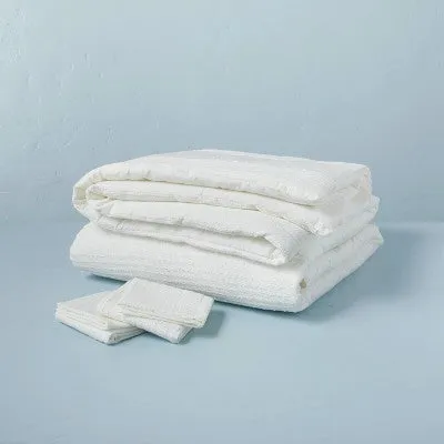 New - 3pc Full/Queen Slub Center Stripe Comforter Set Sour Cream - Hearth & Hand with