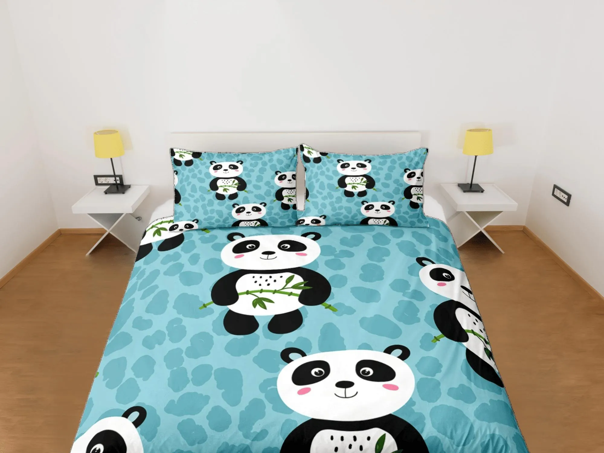 Panda and bamboo teal green duvet cover for kids, bedding set full, king, queen, dorm bedding, toddler bedding, aesthetic panda lovers gift