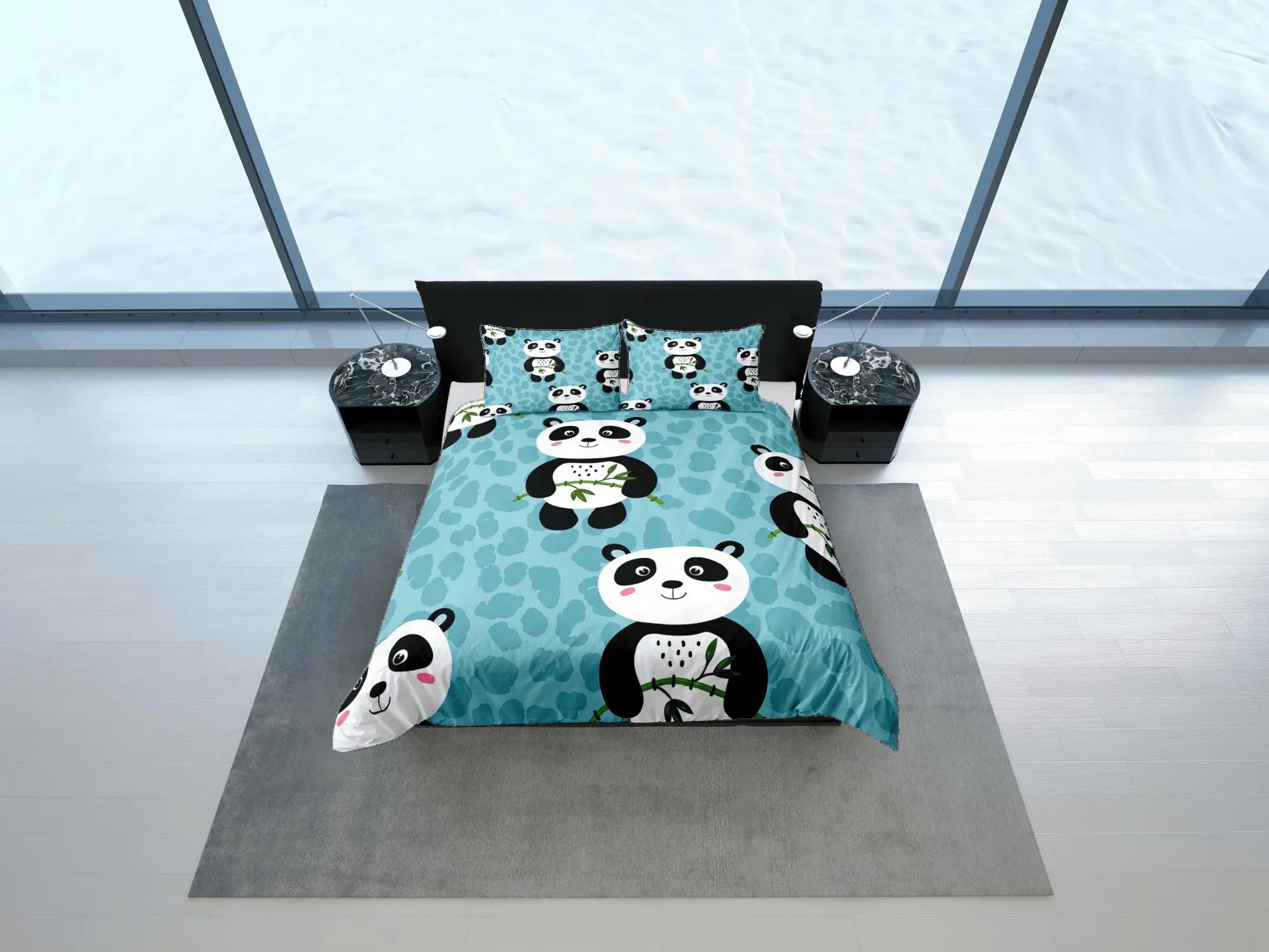 Panda and bamboo teal green duvet cover for kids, bedding set full, king, queen, dorm bedding, toddler bedding, aesthetic panda lovers gift