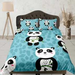 Panda and bamboo teal green duvet cover for kids, bedding set full, king, queen, dorm bedding, toddler bedding, aesthetic panda lovers gift