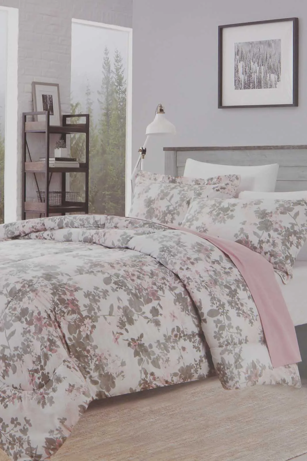 Pink 3 Piece Floral Comforter Set (Single Size)