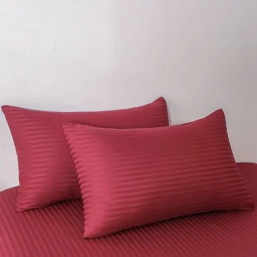 Premium King Size 6 Pieces Bedding Set without filler, Solid Berry Red Color, Satin Stripe Design