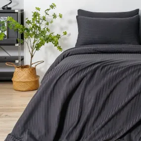 Premium Single size 4-piece bed linen, satin striped, black color.