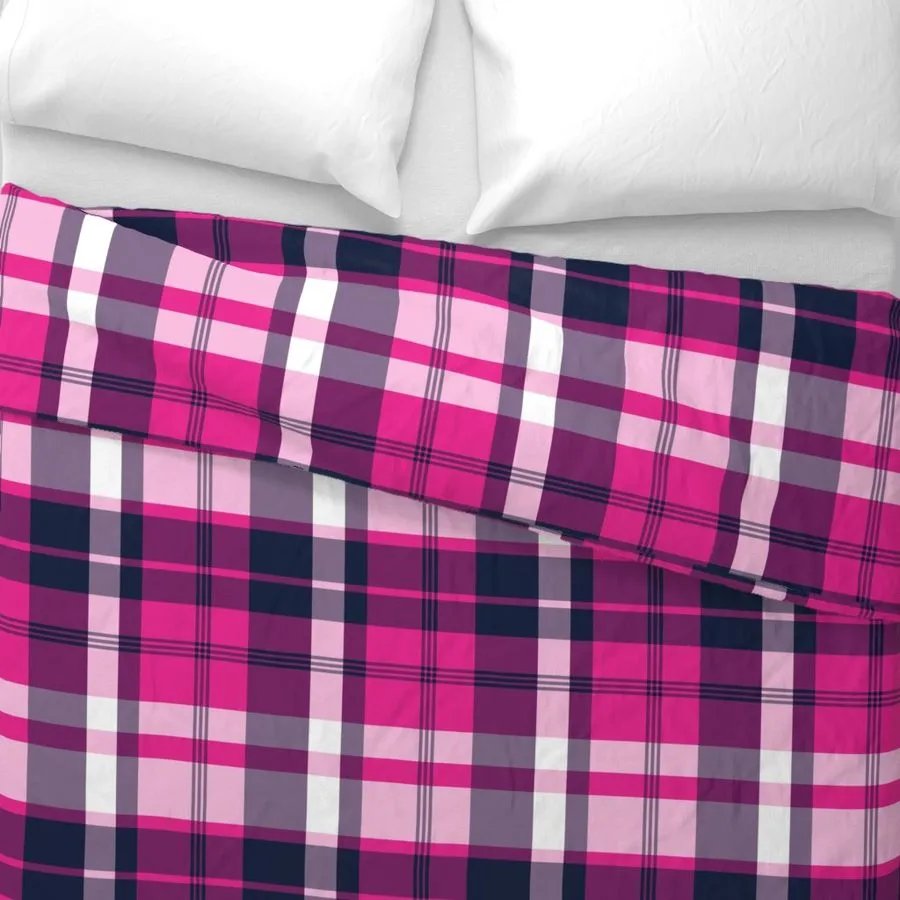 Preppy Surfer Girl Navy Blue and Hot Pink Plaid Duvet Cover