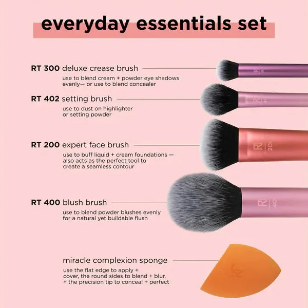 Real Techniques Everyday Essentials Makeup Brush Set with Bonus Miracle Complexion Sponge