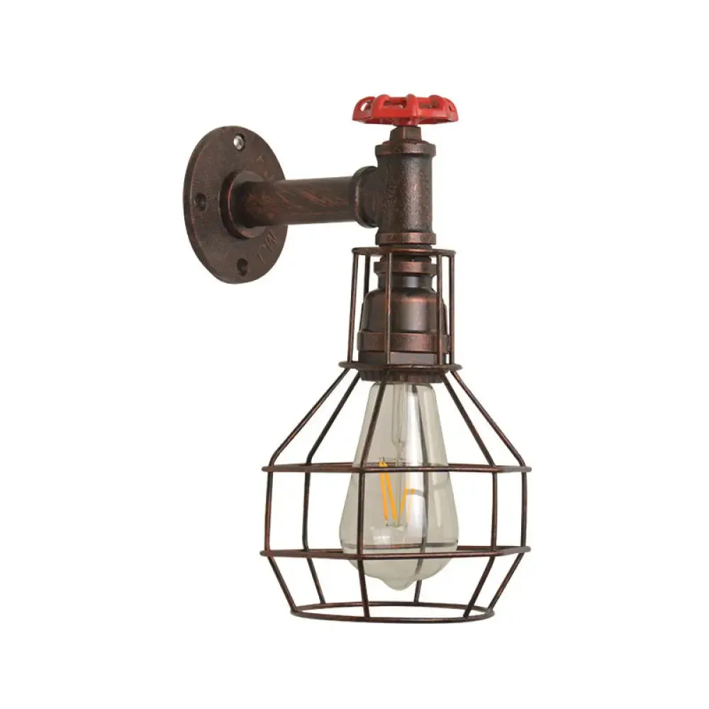 Retro Grenade Cage Wall Light with Water Valve - Rustic Metallic Restaurant Fixture