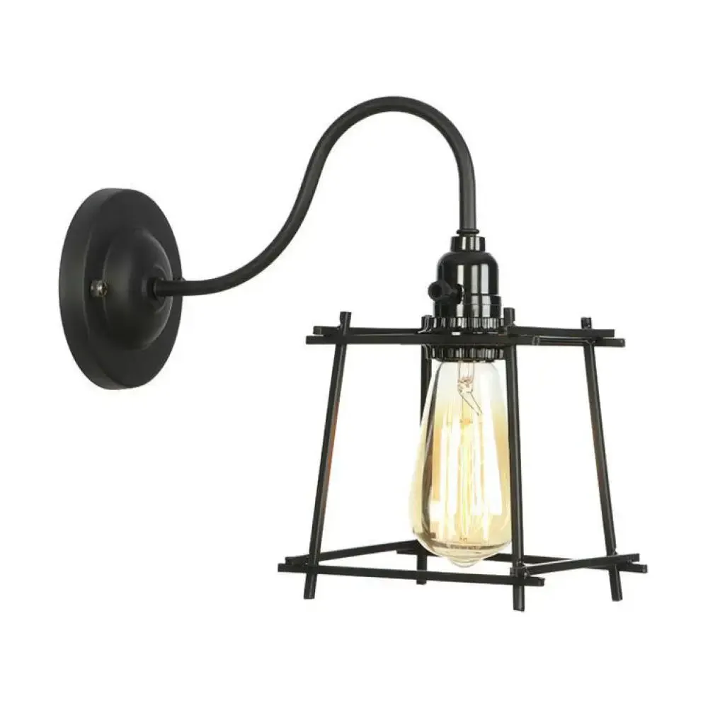 Retro Style Wall Lamp with Iron Cage Shade – Bedroom Sconce Light, Mystic Black, Curved Arm