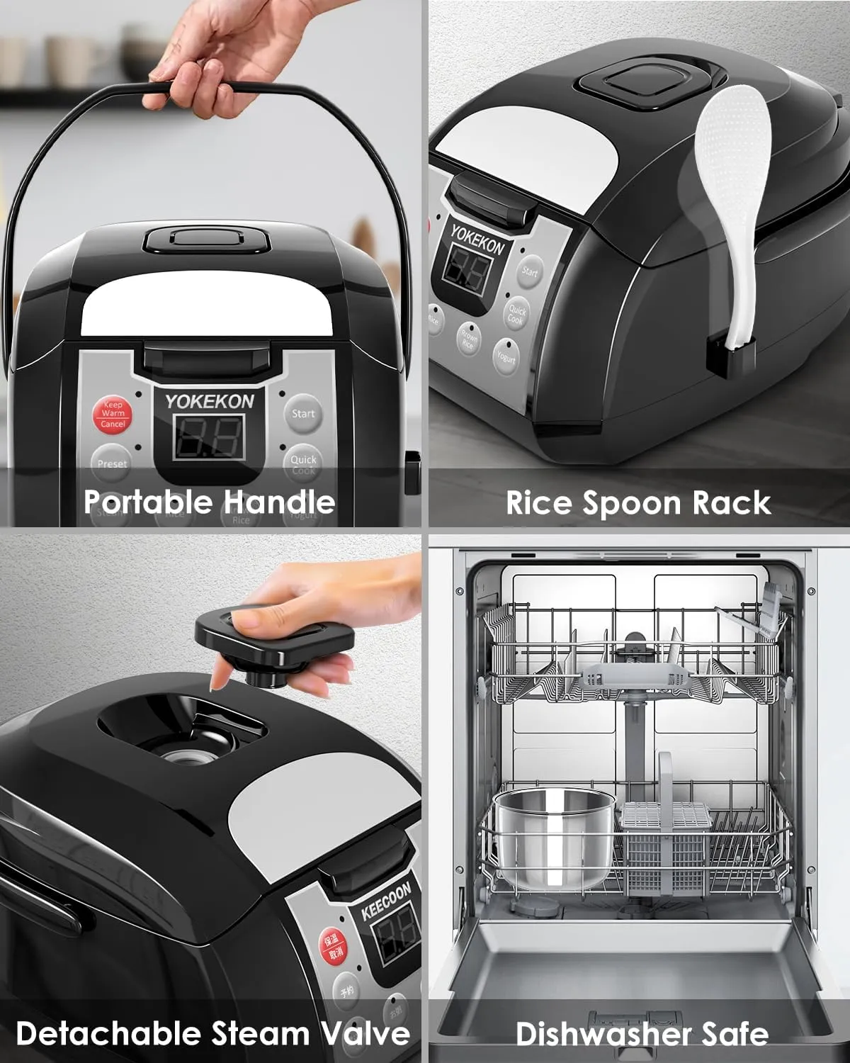 Rice Cooker 6 Cup, Stainless Steel Inner Pot, YOKEKON Professional 6 Cup Uncooked Rice Maker with Steamer Basket Steamer, 24H Delay Timer and Auto Keep Warm, Rice/Quick Cook/Brown Rice/Steam/Yogurt, Black