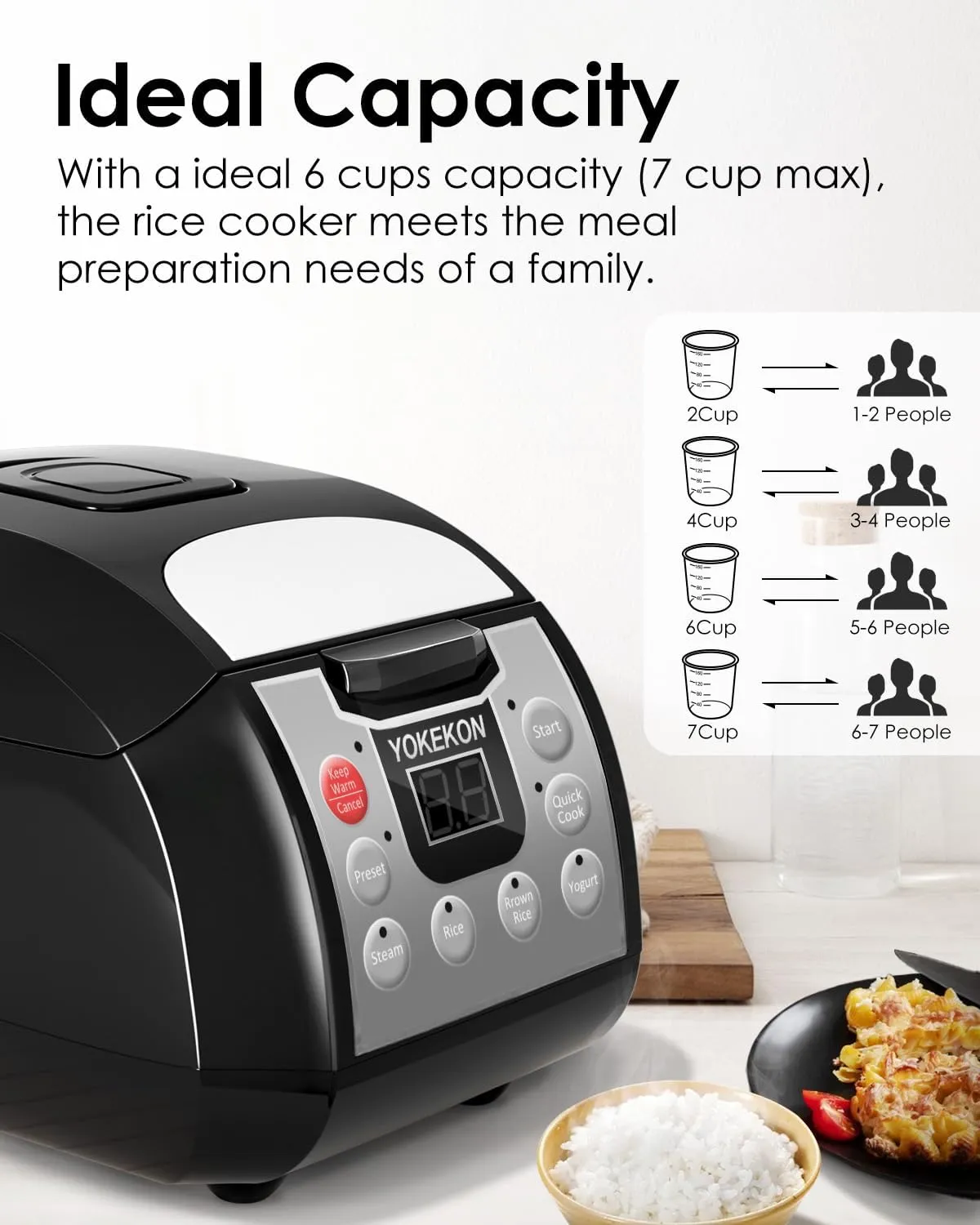 Rice Cooker 6 Cup, Stainless Steel Inner Pot, YOKEKON Professional 6 Cup Uncooked Rice Maker with Steamer Basket Steamer, 24H Delay Timer and Auto Keep Warm, Rice/Quick Cook/Brown Rice/Steam/Yogurt, Black