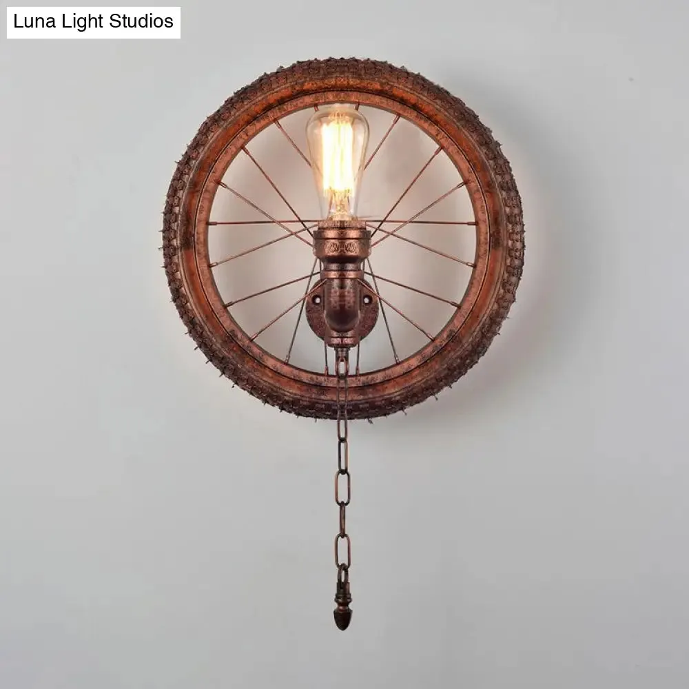 Rustic Industrial Wheel Metal Sconce Lamp - Dark Rust Wall Lighting for Restaurants