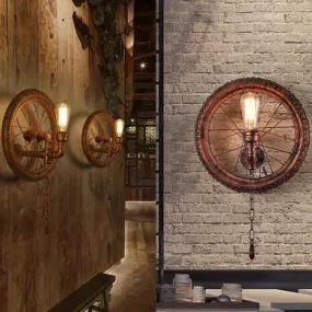 Rustic Industrial Wheel Metal Sconce Lamp - Dark Rust Wall Lighting for Restaurants