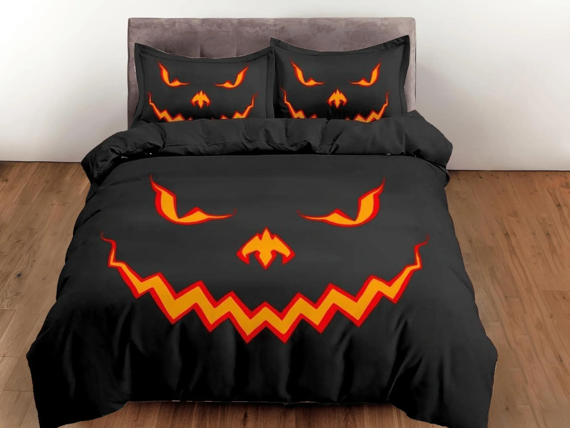 Scary pumpkin face halloween bedding & pillowcase, gothic duvet cover, dorm bedding, goth decor toddler bedding, halloween gift