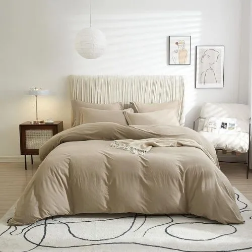 Single size 4 pieces bedding set, Washable Cotton Beige Color.