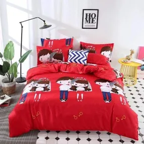 Single size 4 pieces Bedding Set without filler, Red Color Couple Design