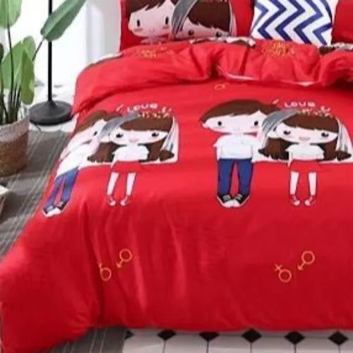 Single size 4 pieces Bedding Set without filler, Red Color Couple Design