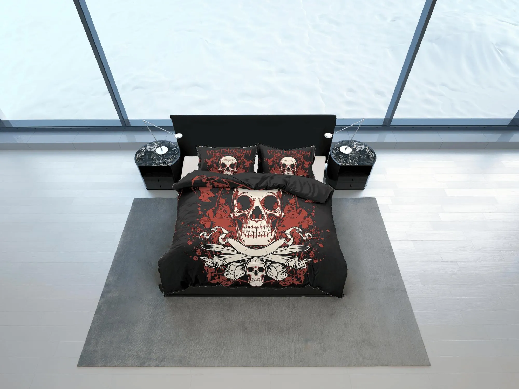 Skull in Flames Black Duvet Cover Set Bedspread, Dorm Bedding with Pillowcase