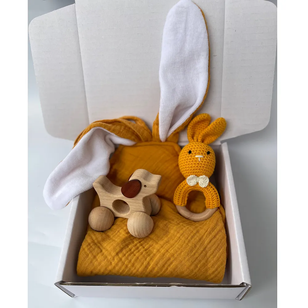 StitchesandTweed Baby Gift Set - Mustard Comforter Rattle Push Car