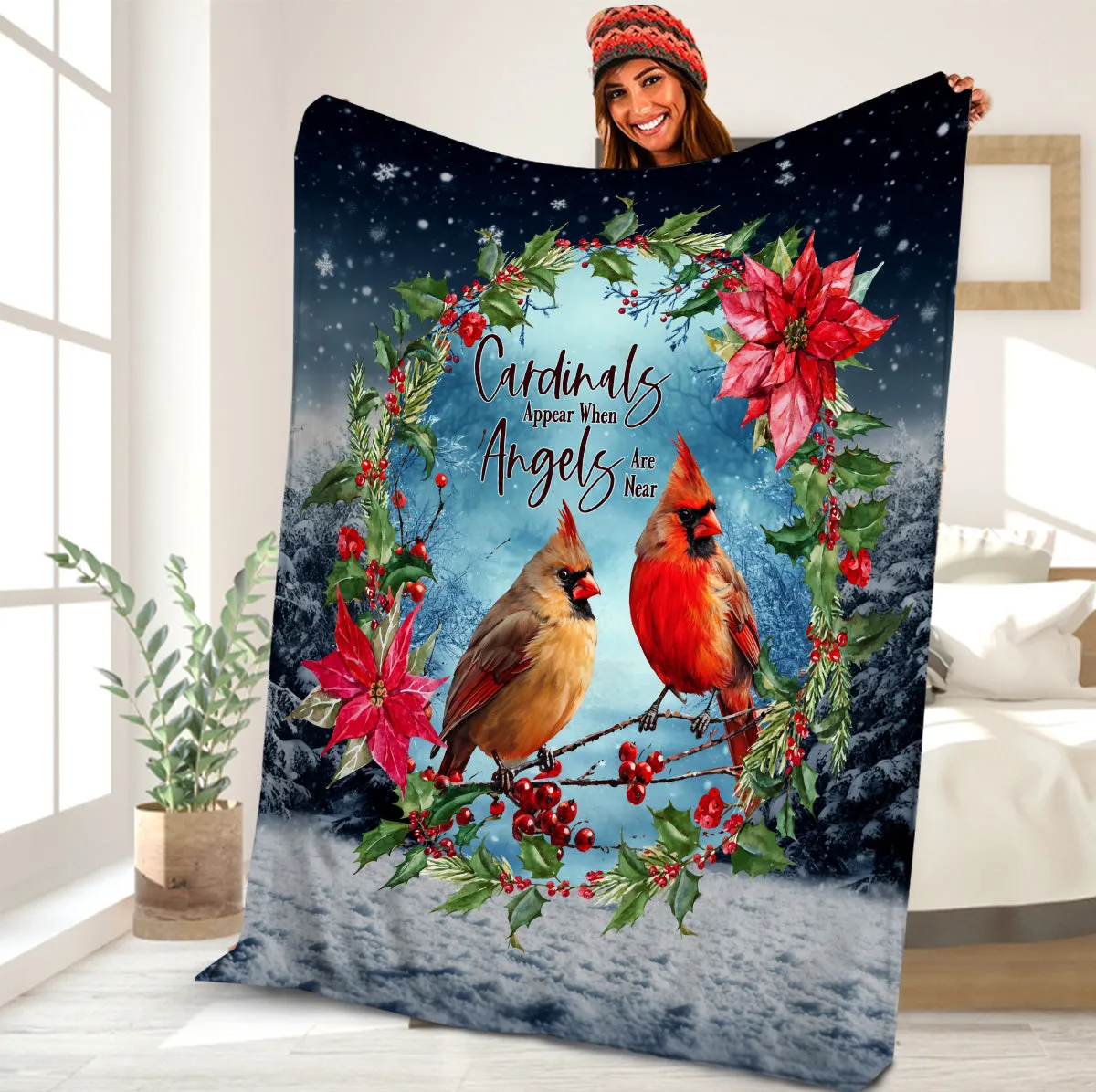 Teesdily | Cardinal Appear When Angels Are Near Blanket, Couple Cardinals Christmas Blanket, Memorial Throw Family Christmas Gift