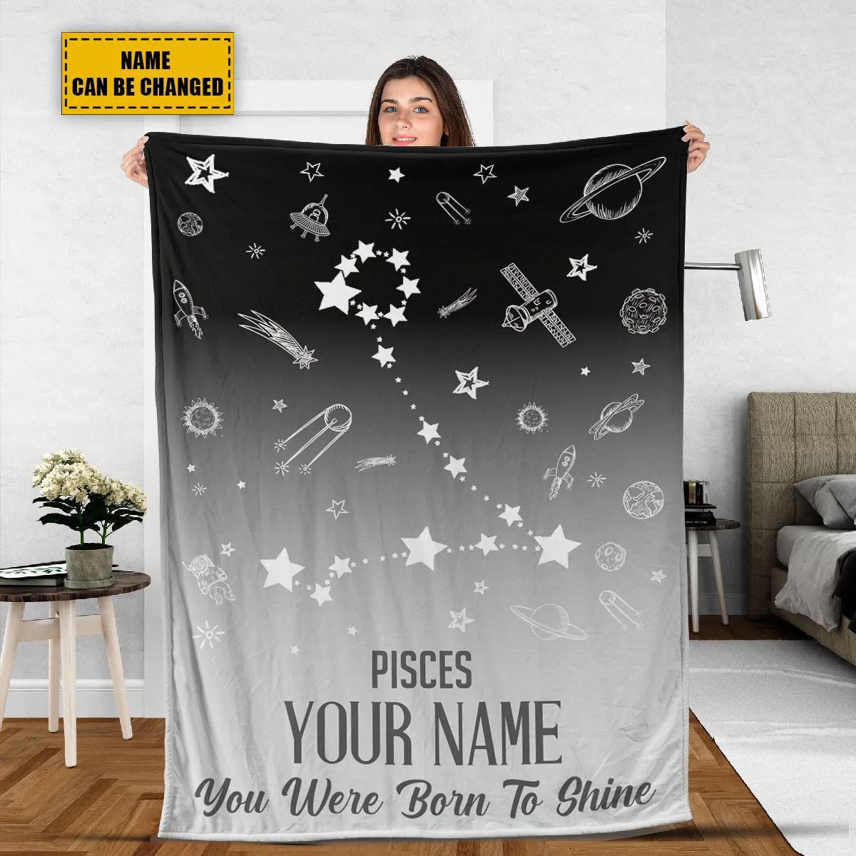 Teesdily | Pisces Customized Fleece Blanket Constellation Blanket You Were Born To Shine Fleece Personalized Name Zodiac Blankets Astrology Gifts