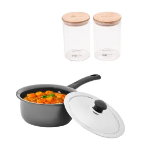 The Better Home Pack of 2 1000 ml Each Kitchen Containers Set with Bamboo Lid &1 Hard Anodized Aluminum Saucepan with Lid | Scratch Resistant Surface | 16 Cm Diameter, 1 Ltr Capacity