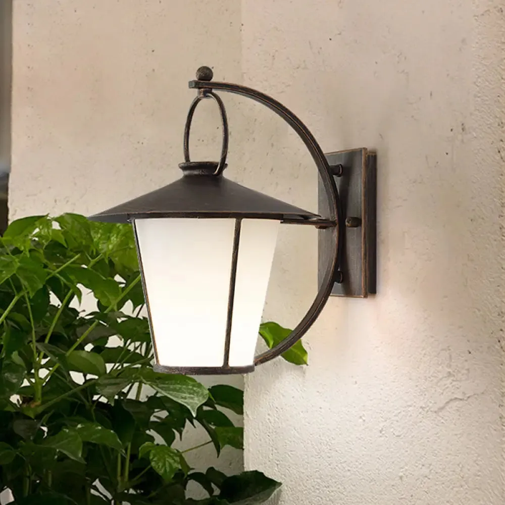 Vintage Conical Opal Glass Wall Mount Light - 1-Head Courtyard Wall Lighting with Arc Arm - Black/Brass