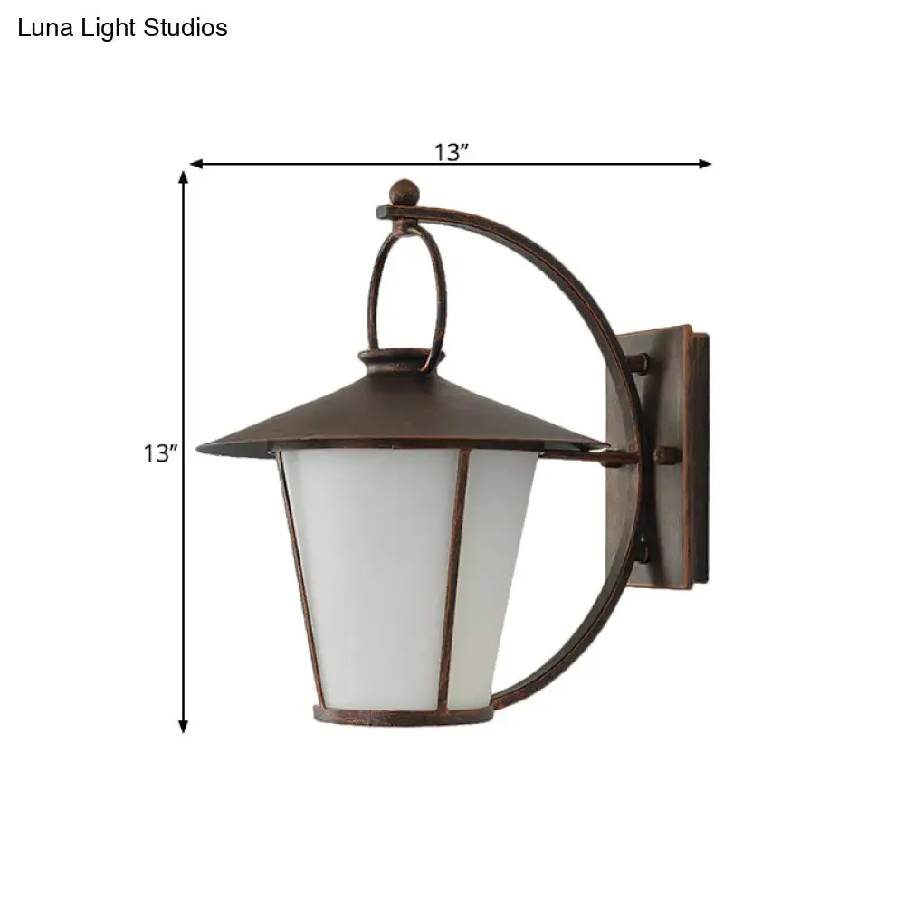 Vintage Conical Opal Glass Wall Mount Light - 1-Head Courtyard Wall Lighting with Arc Arm - Black/Brass