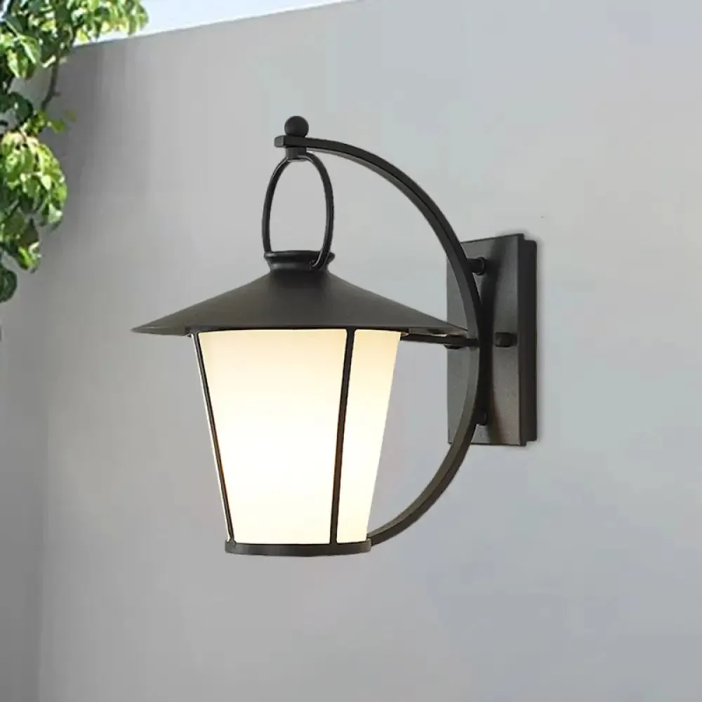 Vintage Conical Opal Glass Wall Mount Light - 1-Head Courtyard Wall Lighting with Arc Arm - Black/Brass