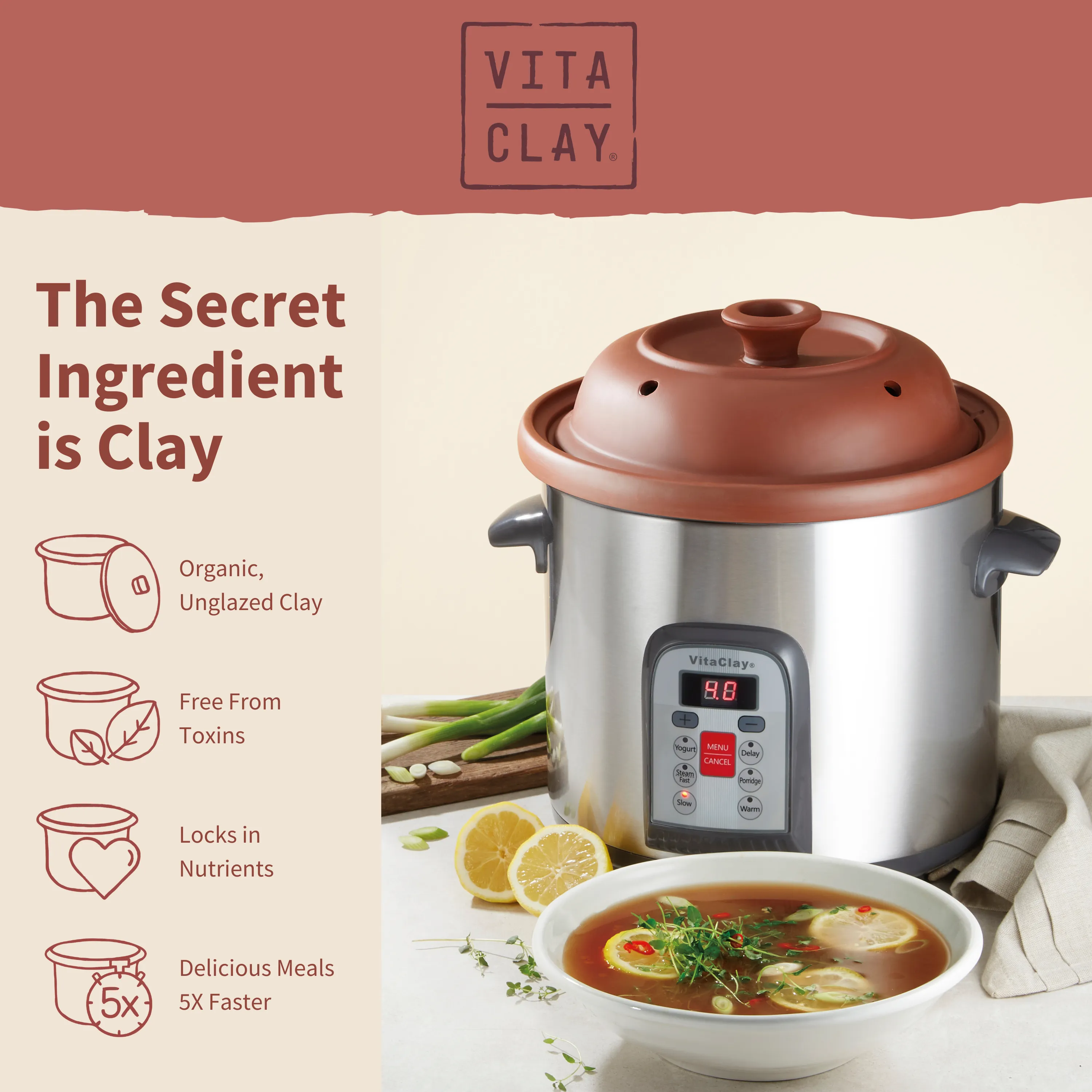 VITACLAY 6-IN-1 ORGANIC CLAY STOCK POT AND MULTI-CROCKS / VM7800-5C- 6 QUART