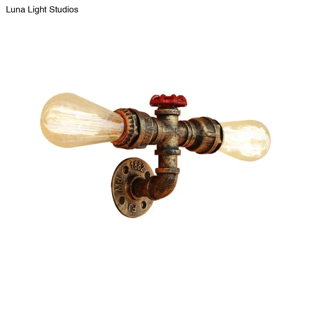 Warehouse Style 2-Head Wall Light Fixture with Bronze/Antique Brass Finish - Wrought Iron Sconce Lamp