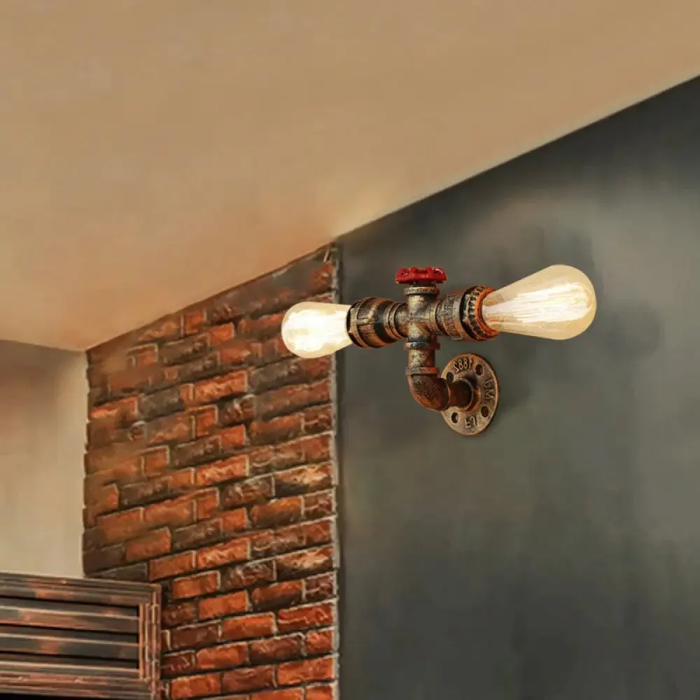 Warehouse Style 2-Head Wall Light Fixture with Bronze/Antique Brass Finish - Wrought Iron Sconce Lamp