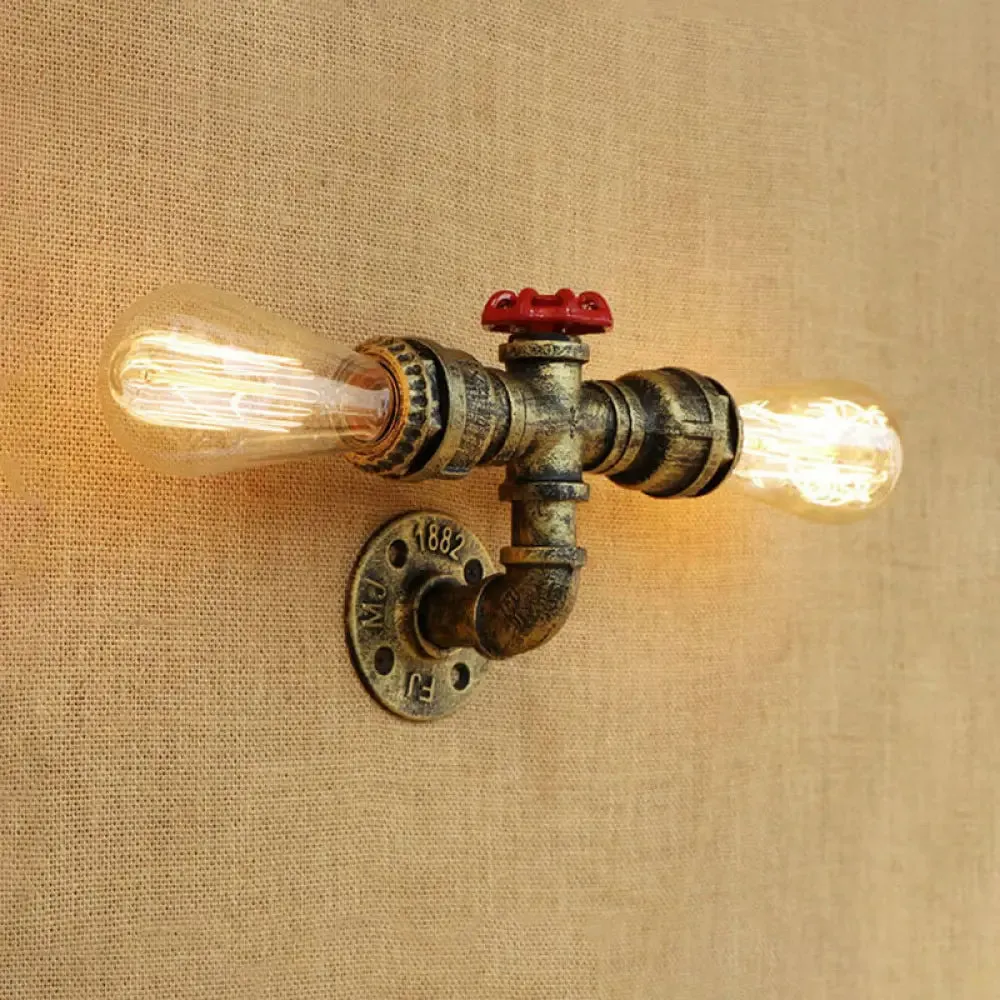 Warehouse Style 2-Head Wall Light Fixture with Bronze/Antique Brass Finish - Wrought Iron Sconce Lamp