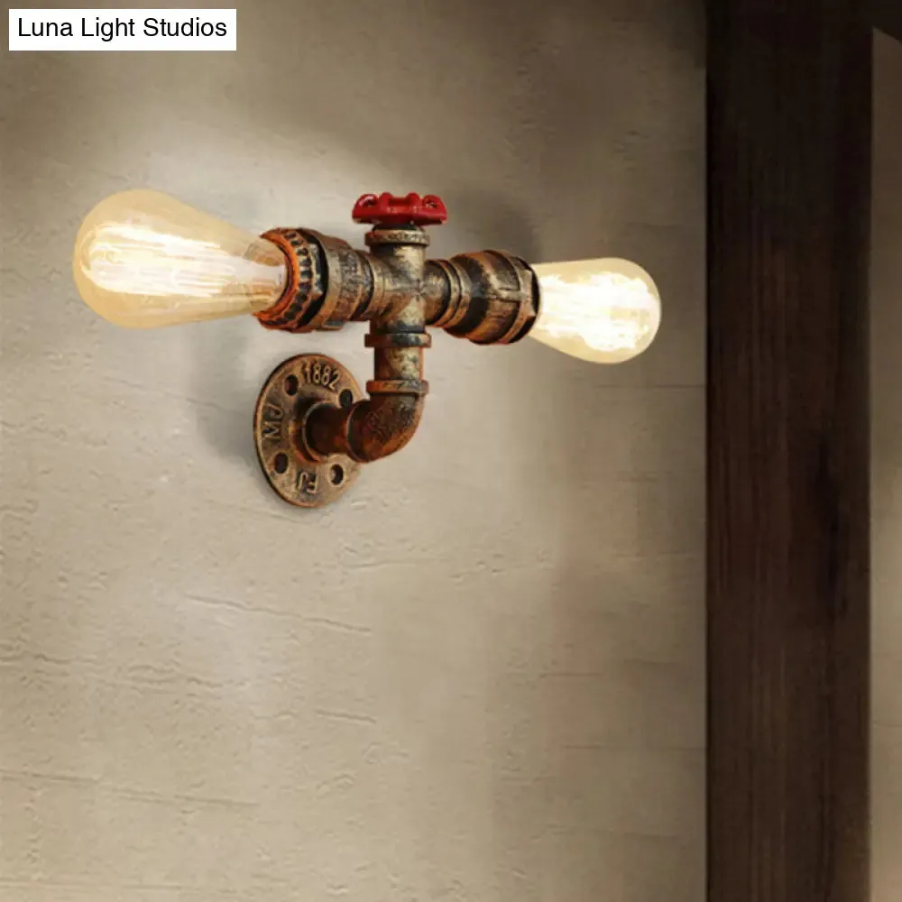 Warehouse Style 2-Head Wall Light Fixture with Bronze/Antique Brass Finish - Wrought Iron Sconce Lamp