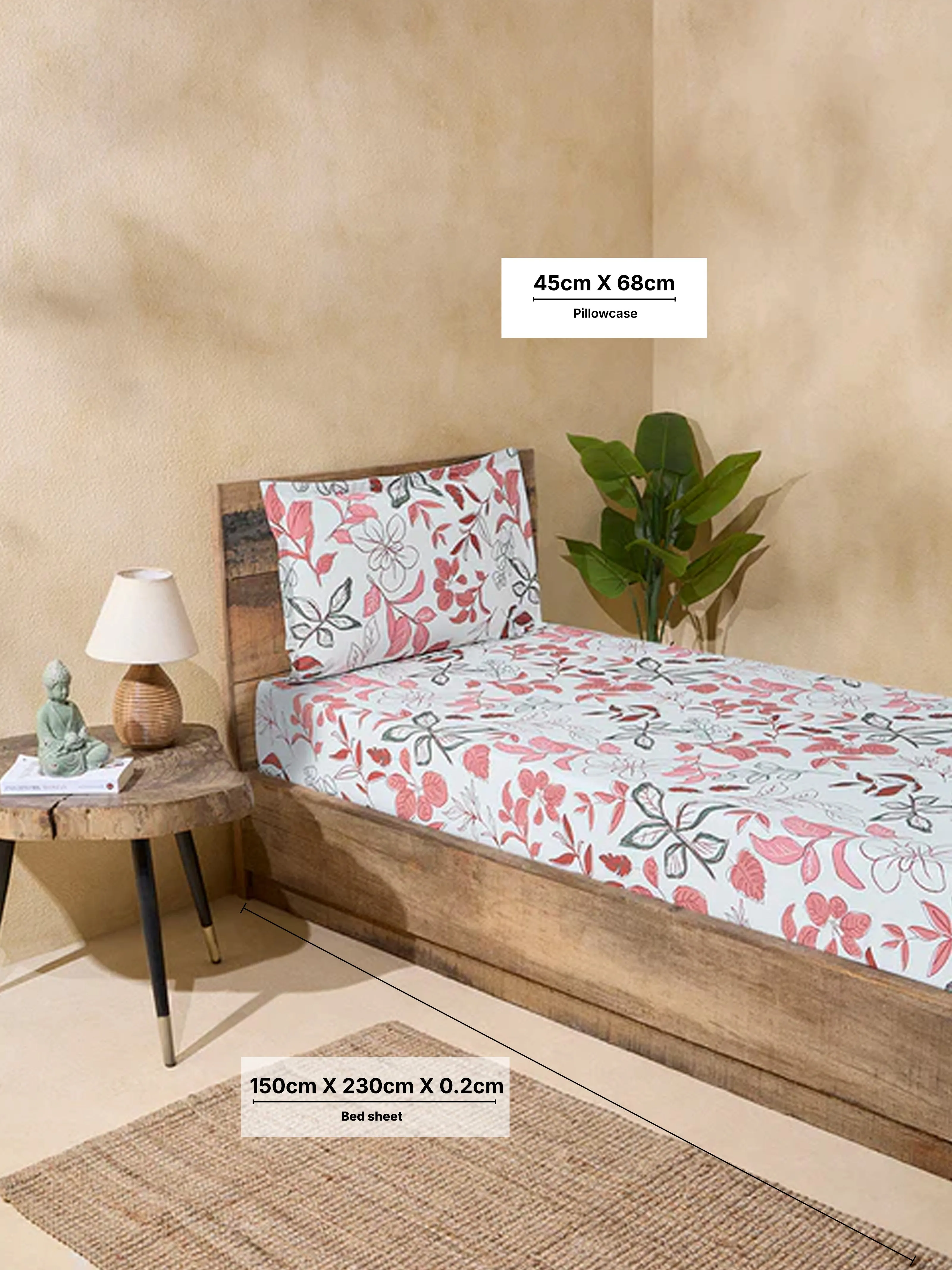 Westside Home Pink Floral Printed Single Bed Flat Sheet and Pillowcase Set