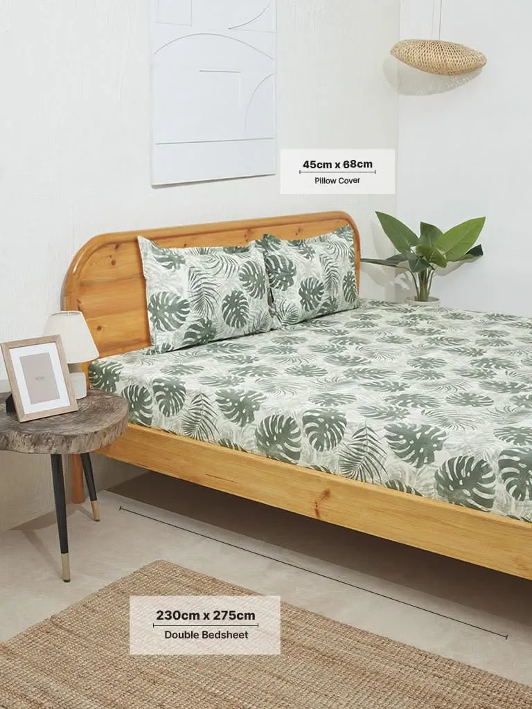 Westside Home Sage Leaf Print Double Bed Flat Sheet and Pillowcase Set